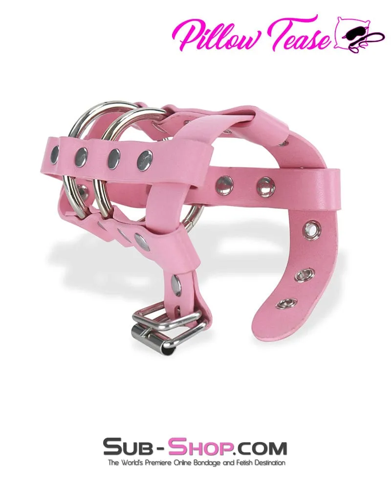 0319DL      Light Pink Locking Leather Cock & Balls Cage with Lead Ring Tip