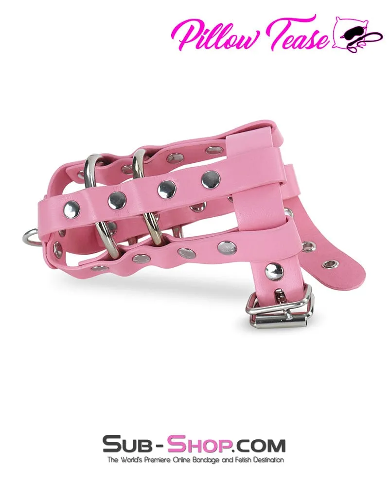0319DL      Light Pink Locking Leather Cock & Balls Cage with Lead Ring Tip