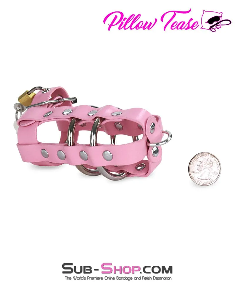 0319DL      Light Pink Locking Leather Cock & Balls Cage with Lead Ring Tip