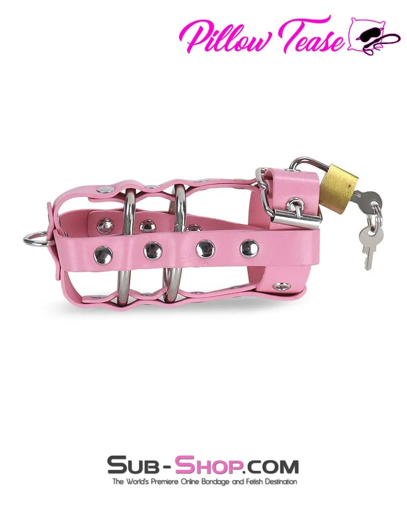 0319DL      Light Pink Locking Leather Cock & Balls Cage with Lead Ring Tip