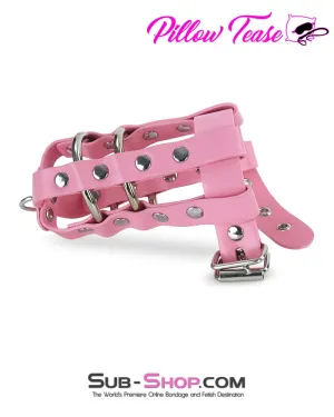 0319DL      Light Pink Locking Leather Cock & Balls Cage with Lead Ring Tip