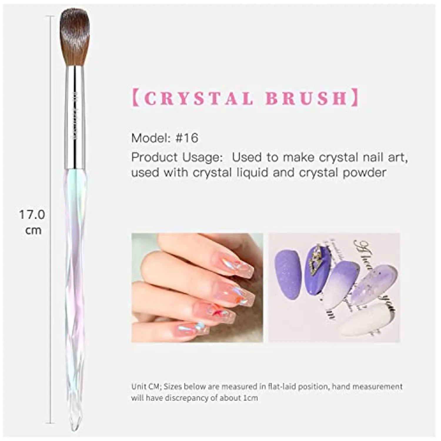 100% Pure Kolinsky Hair Acrylic Nail Brush Size 16,Clear Crystal Handle Round Oval Acrylic Nail Brushes, Acrylic Powder Brush Set Professional Manicure Pedicure for DIY Home Salon