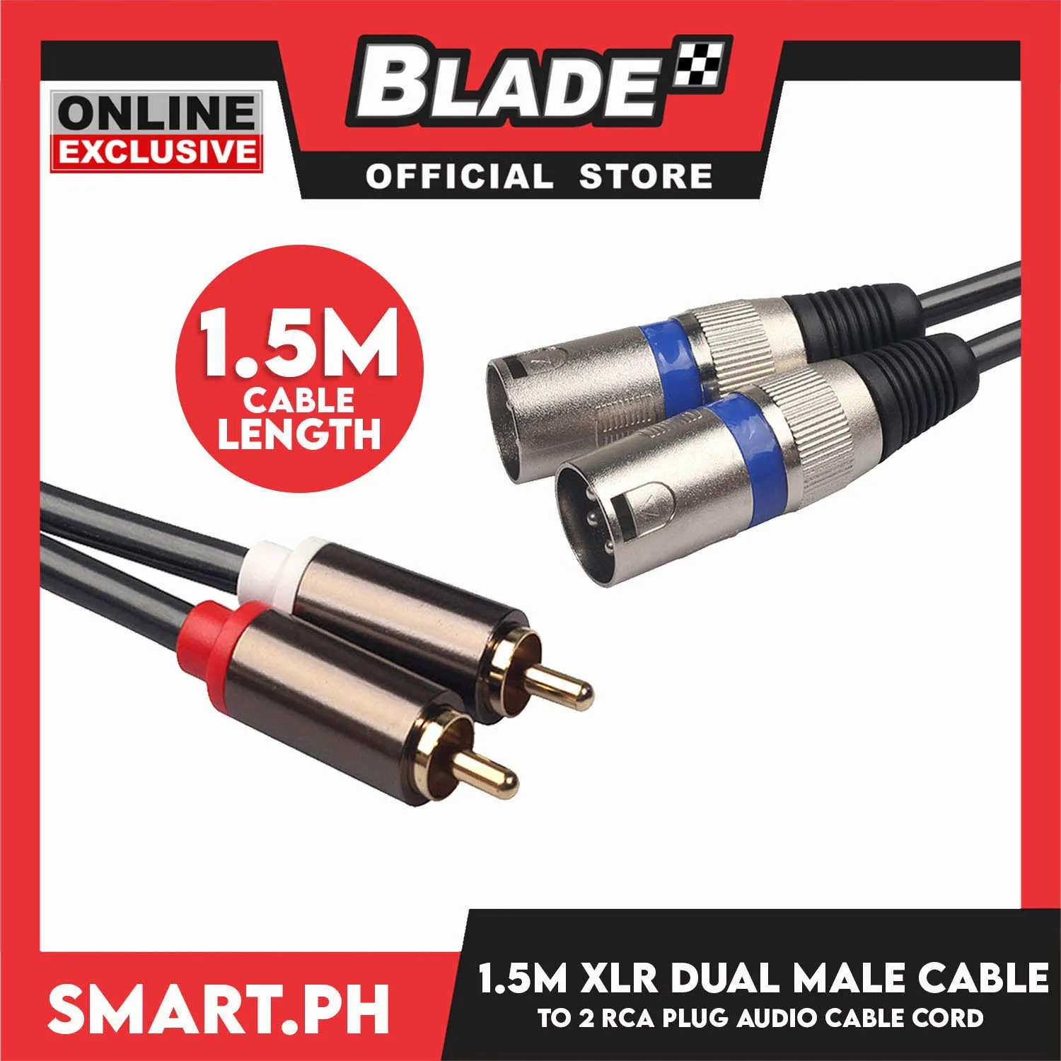 1.5 Meter XLR Dual Male Cable to 2 RCA Plug Audio Cable Cord I268726 for Microphone, Karaoke & Stereo