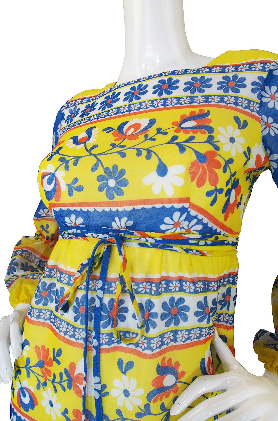 1960s Yellow & Bue Floral Print Cotton Maxi Dress