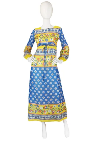 1960s Yellow & Bue Floral Print Cotton Maxi Dress