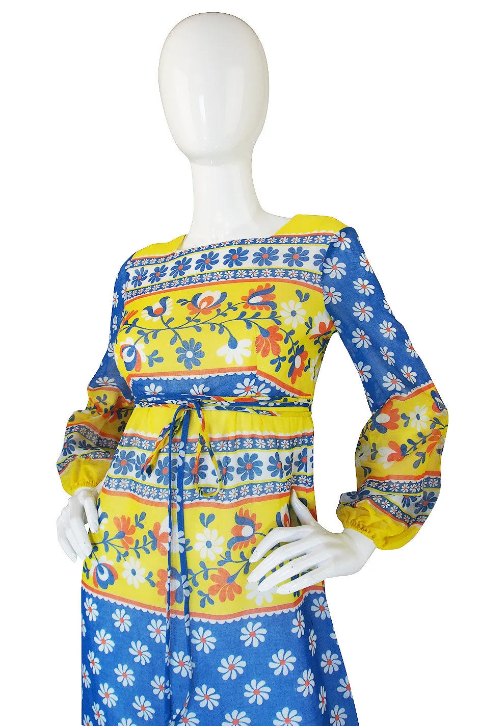 1960s Yellow & Bue Floral Print Cotton Maxi Dress