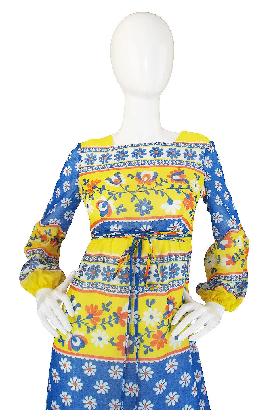 1960s Yellow & Bue Floral Print Cotton Maxi Dress