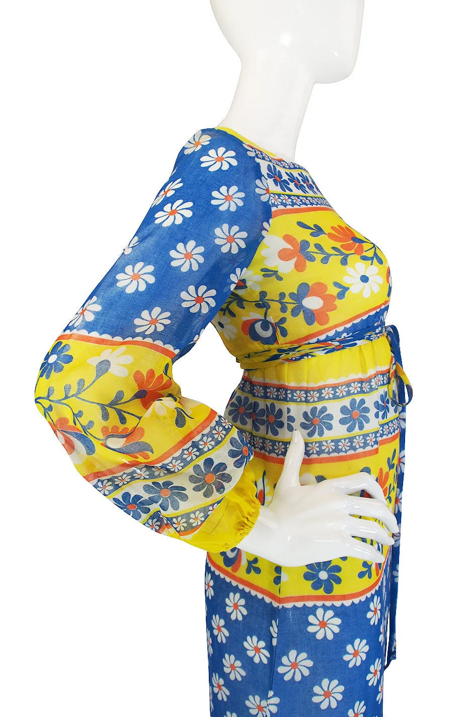 1960s Yellow & Bue Floral Print Cotton Maxi Dress