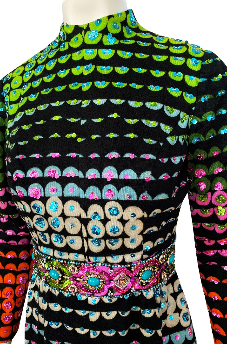 1970s Unlabeled Rainbow Colored Elaborate Sequin & Bead Detailed Dress