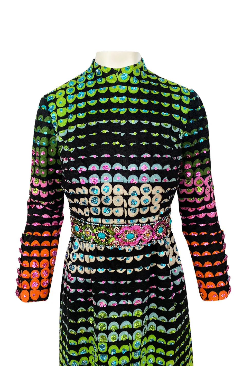 1970s Unlabeled Rainbow Colored Elaborate Sequin & Bead Detailed Dress