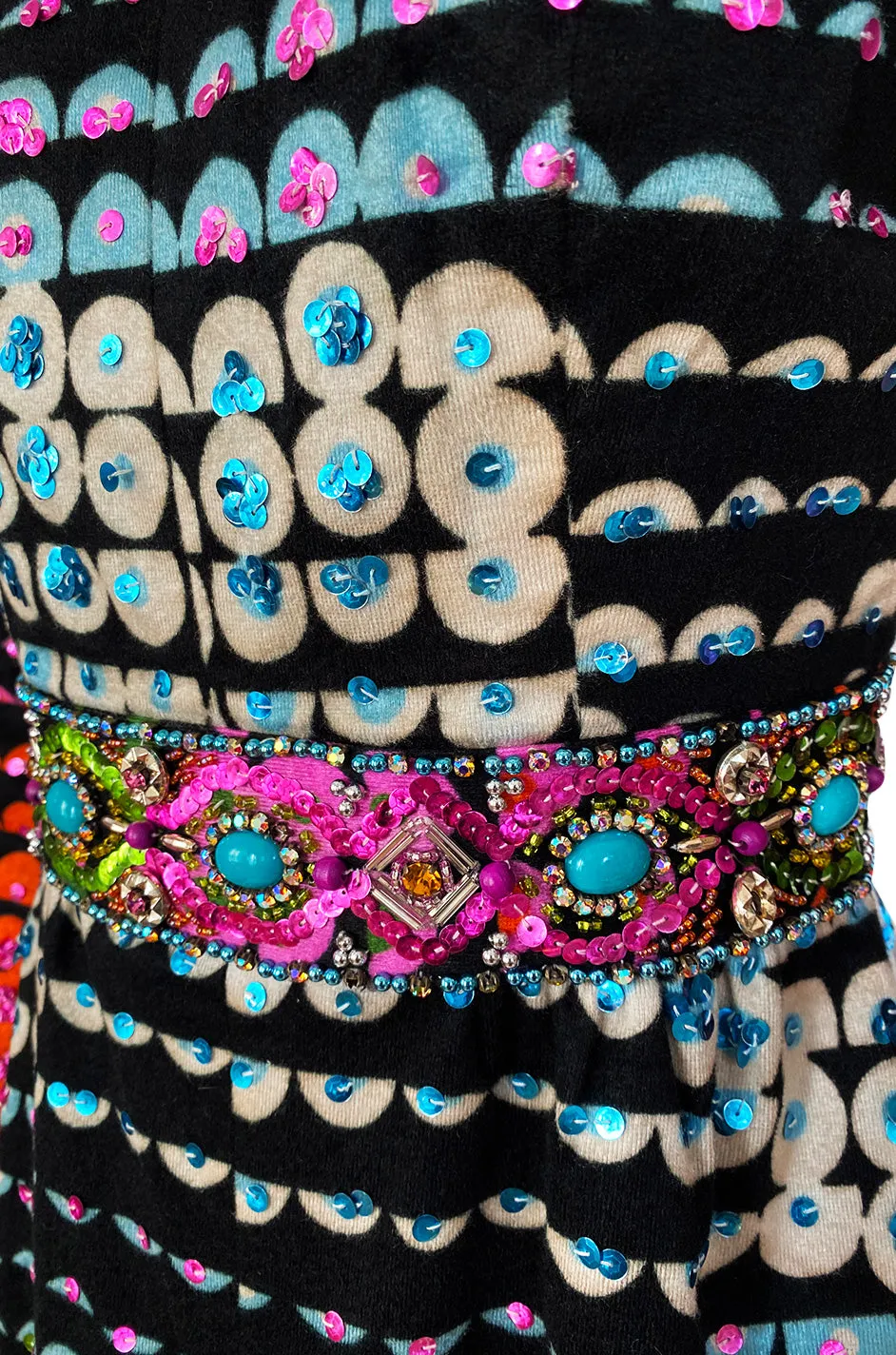 1970s Unlabeled Rainbow Colored Elaborate Sequin & Bead Detailed Dress