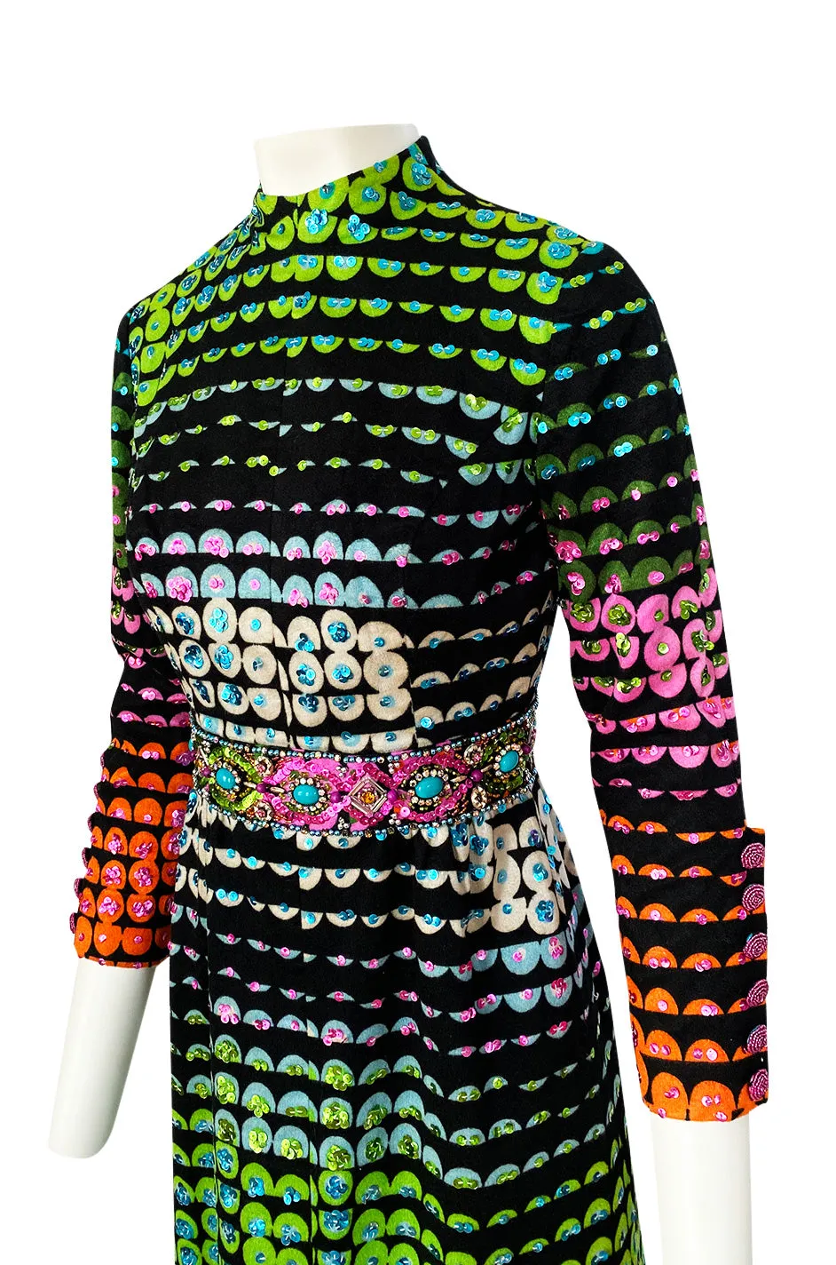 1970s Unlabeled Rainbow Colored Elaborate Sequin & Bead Detailed Dress