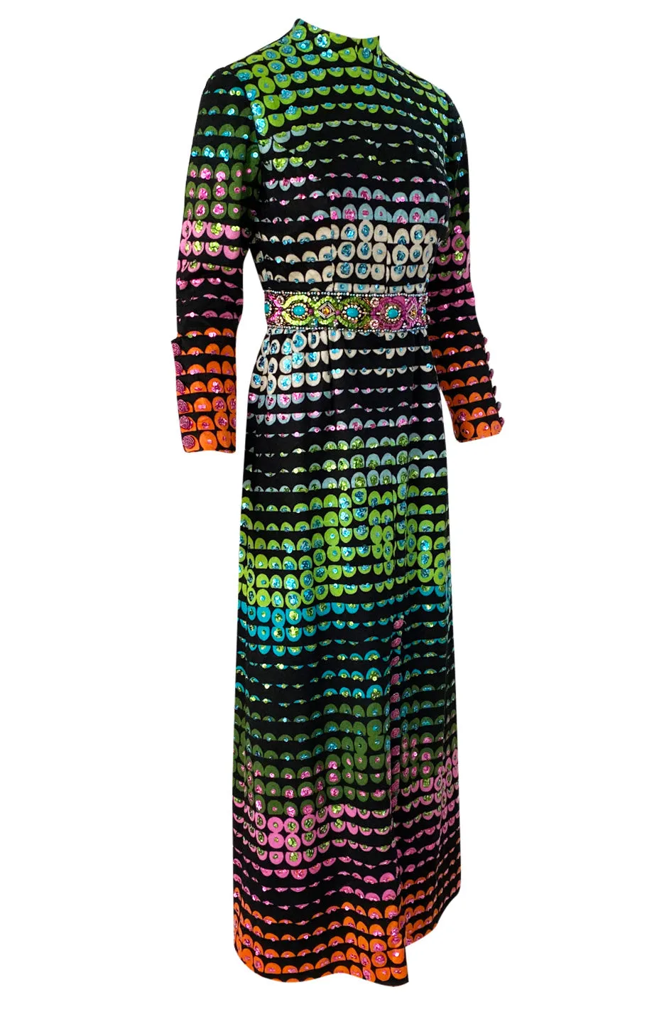 1970s Unlabeled Rainbow Colored Elaborate Sequin & Bead Detailed Dress