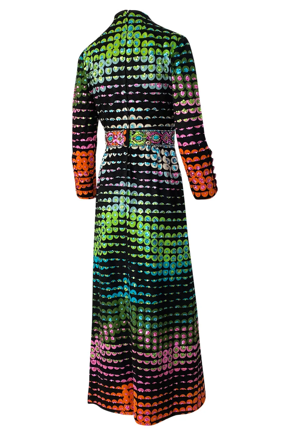 1970s Unlabeled Rainbow Colored Elaborate Sequin & Bead Detailed Dress