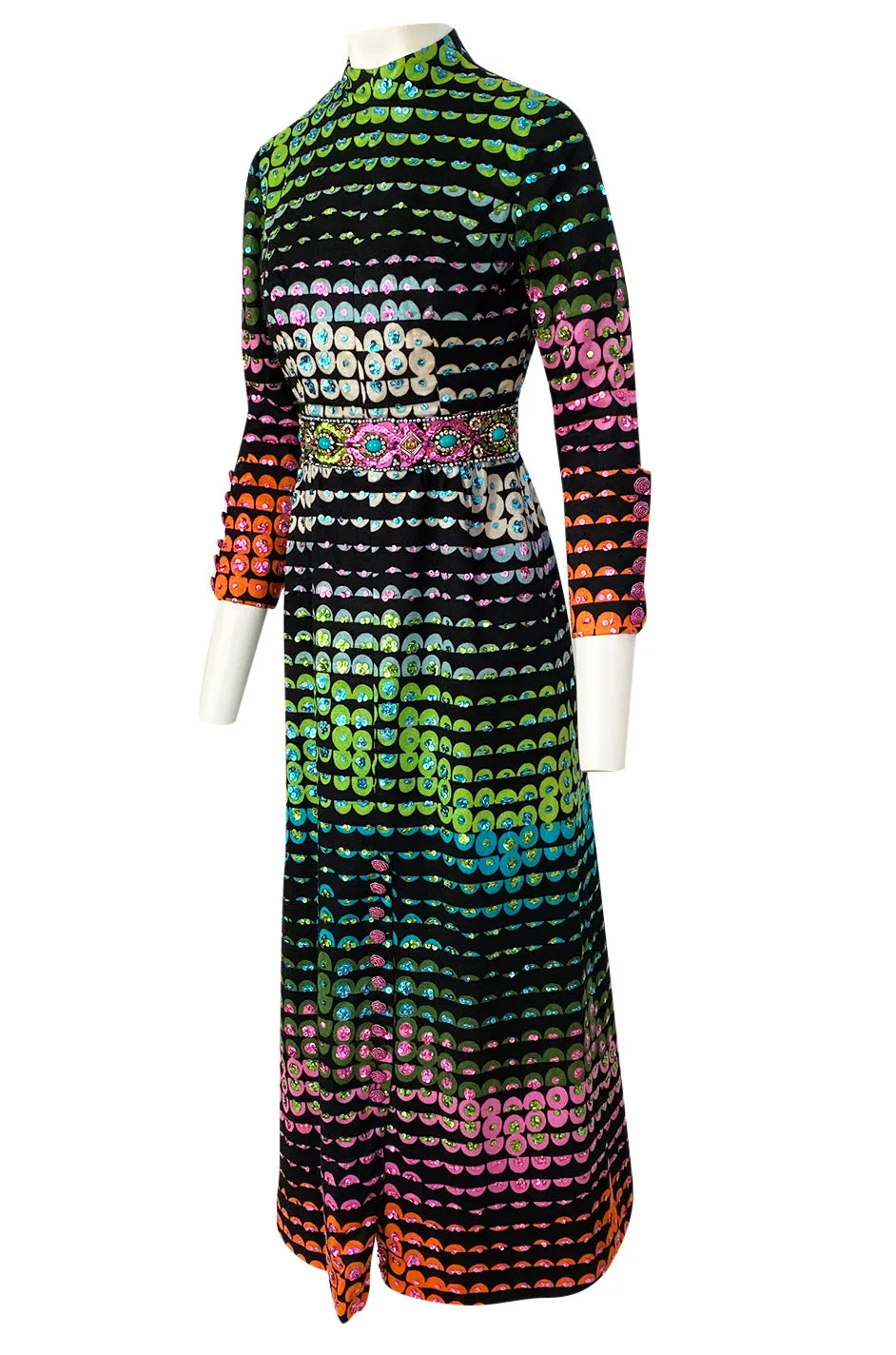 1970s Unlabeled Rainbow Colored Elaborate Sequin & Bead Detailed Dress