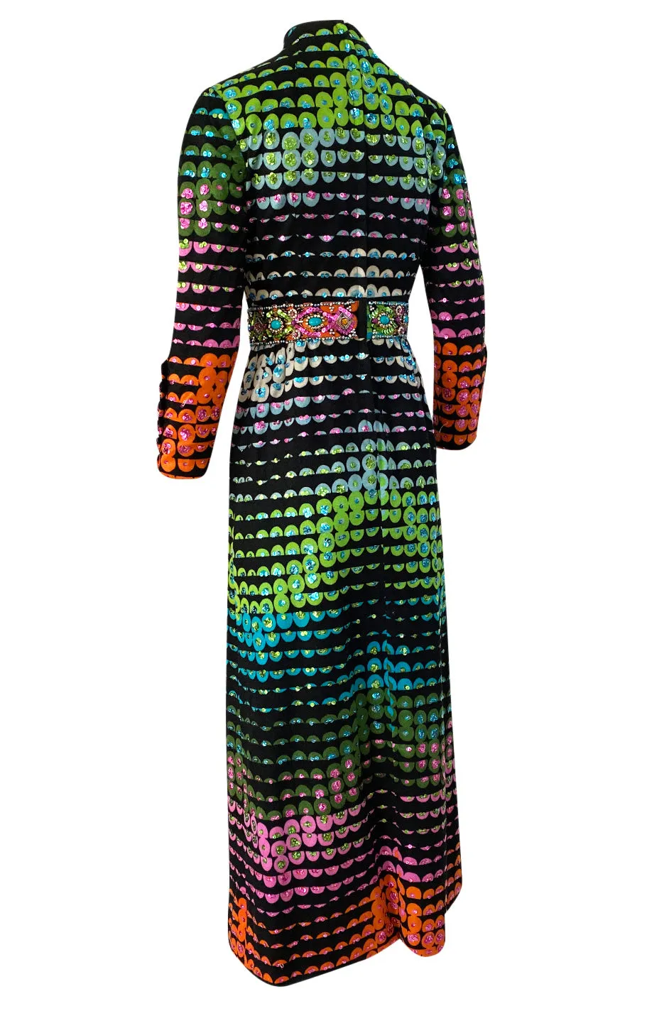 1970s Unlabeled Rainbow Colored Elaborate Sequin & Bead Detailed Dress