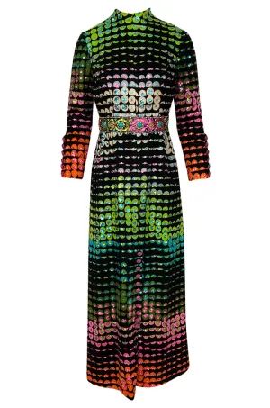 1970s Unlabeled Rainbow Colored Elaborate Sequin & Bead Detailed Dress