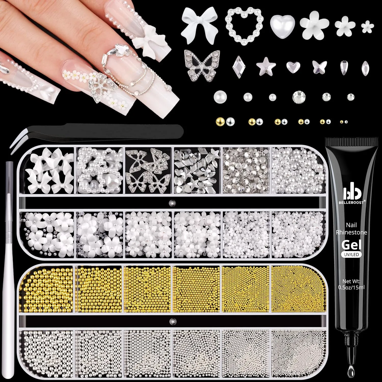 2 Boxes Flatback Pearls (White Beige) and Metal Nail Beads (Silver Gold) for Nail Art, Luxurious Pearl Nail Charms and Small round Caviar Beads Nail Accessories for Acrylic Nail Tips Manicure Decor