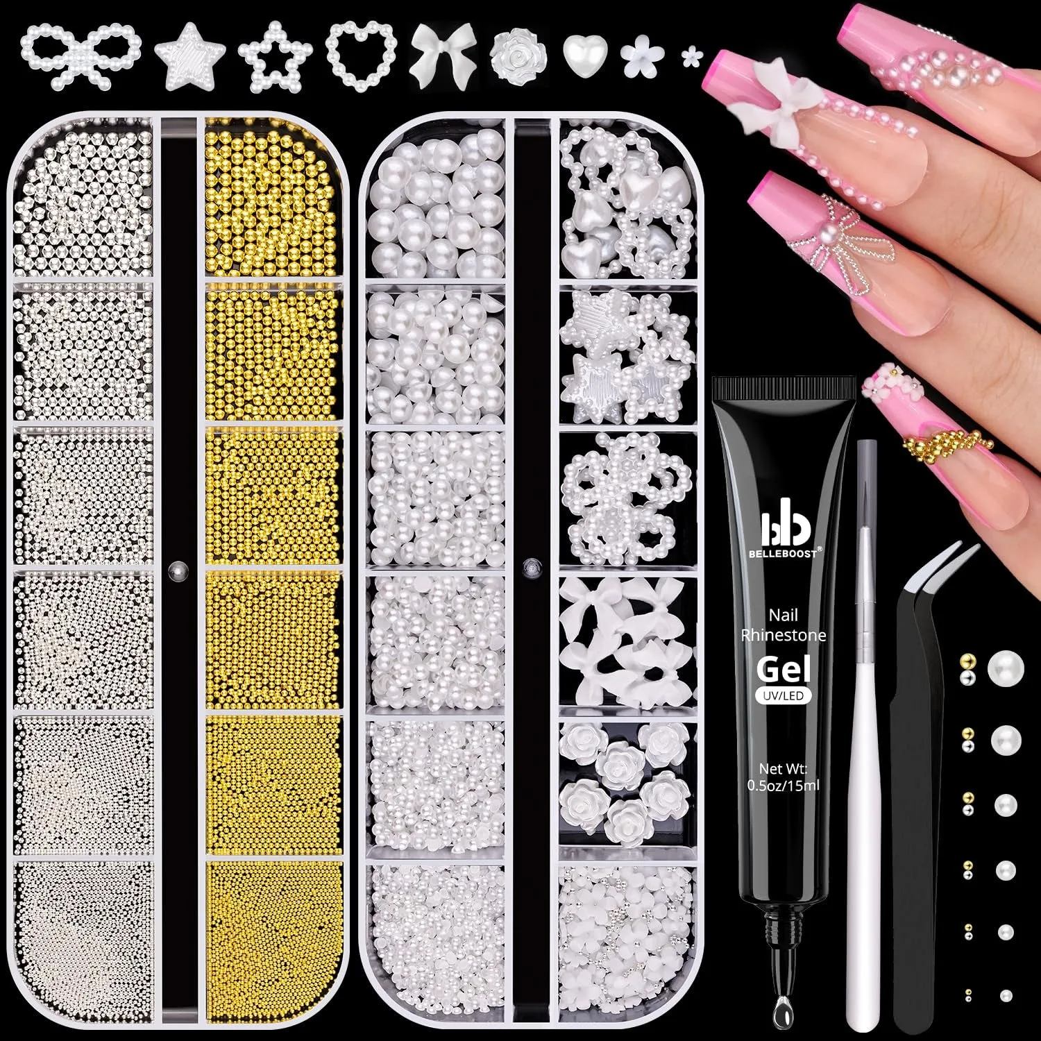 2 Boxes Flatback Pearls (White Beige) and Metal Nail Beads (Silver Gold) for Nail Art, Luxurious Pearl Nail Charms and Small round Caviar Beads Nail Accessories for Acrylic Nail Tips Manicure Decor