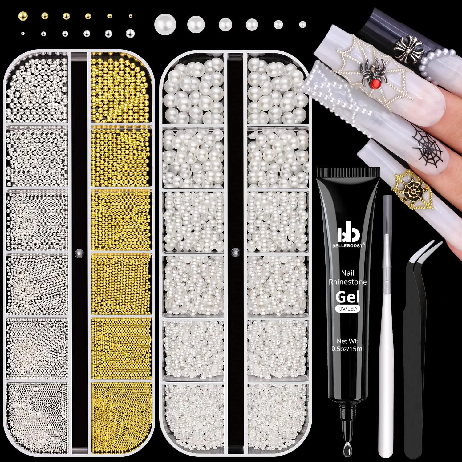 2 Boxes Flatback Pearls (White Beige) and Metal Nail Beads (Silver Gold) for Nail Art, Luxurious Pearl Nail Charms and Small round Caviar Beads Nail Accessories for Acrylic Nail Tips Manicure Decor