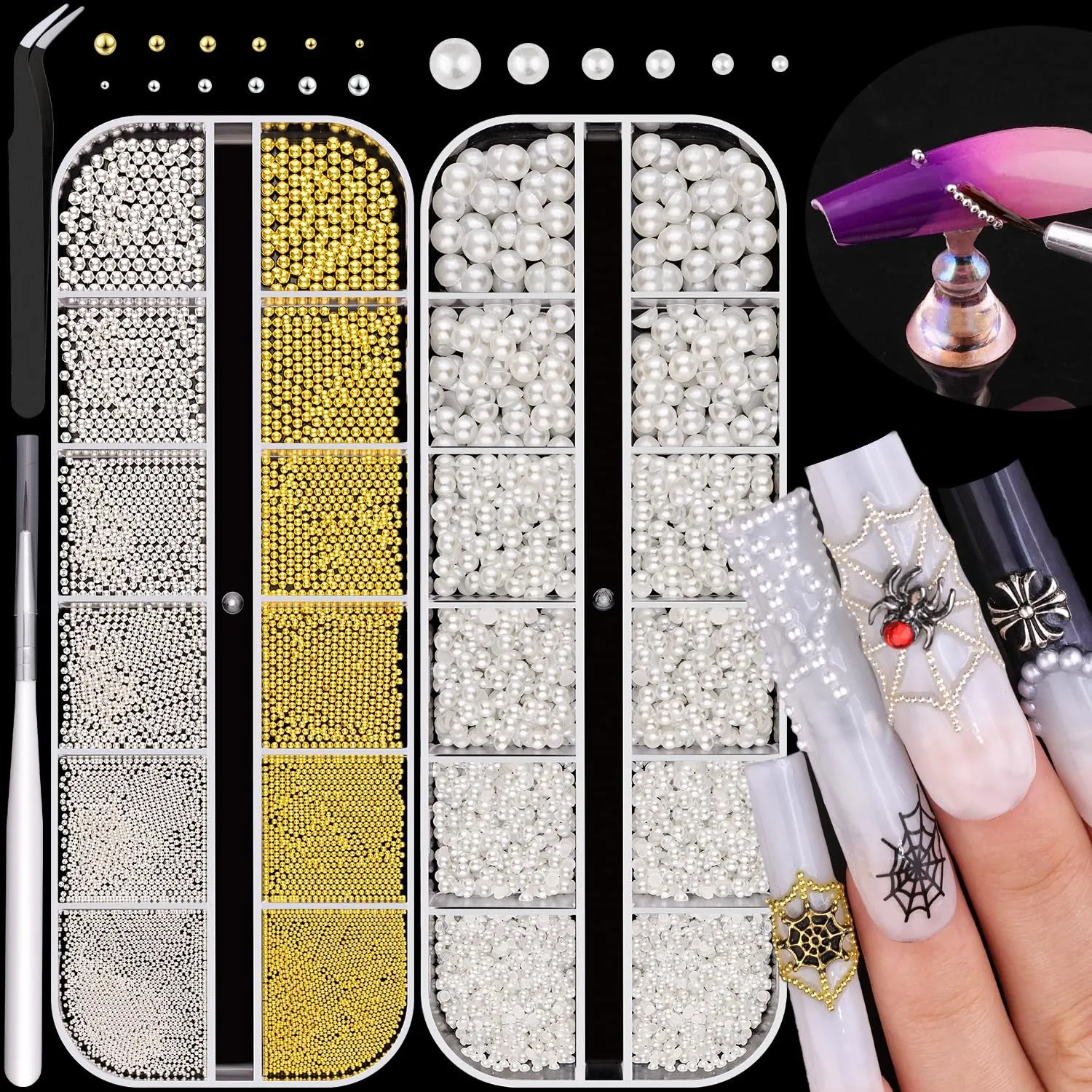 2 Boxes Flatback Pearls (White Beige) and Metal Nail Beads (Silver Gold) for Nail Art, Luxurious Pearl Nail Charms and Small round Caviar Beads Nail Accessories for Acrylic Nail Tips Manicure Decor