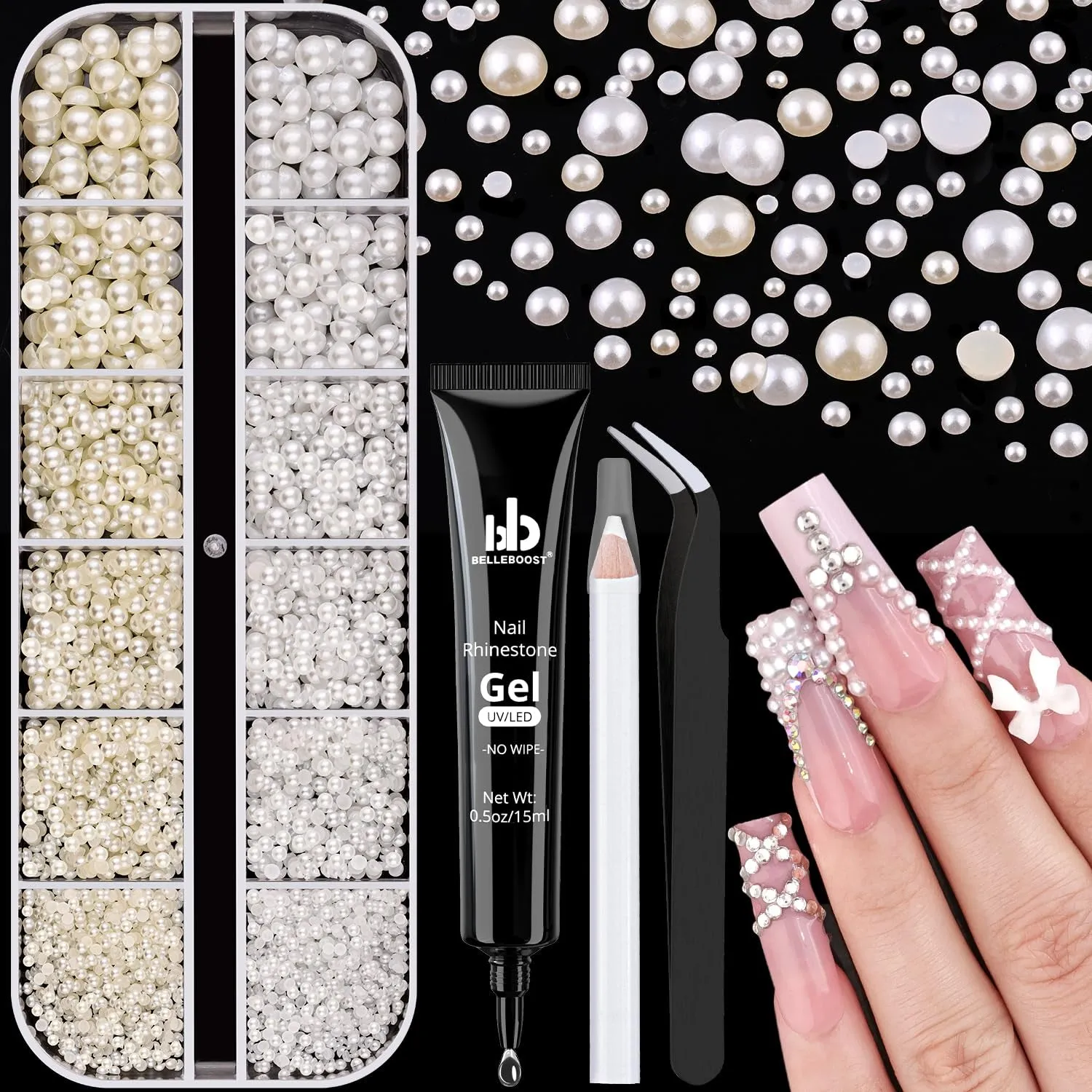 2 Boxes Flatback Pearls (White Beige) and Metal Nail Beads (Silver Gold) for Nail Art, Luxurious Pearl Nail Charms and Small round Caviar Beads Nail Accessories for Acrylic Nail Tips Manicure Decor