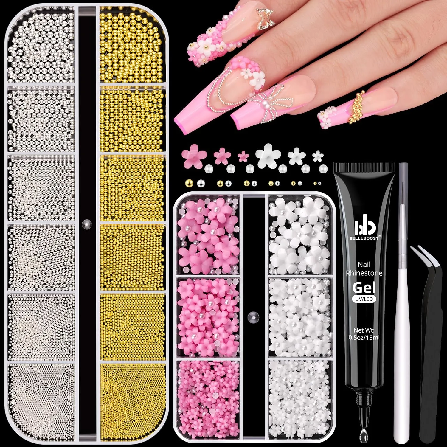 2 Boxes Flatback Pearls (White Beige) and Metal Nail Beads (Silver Gold) for Nail Art, Luxurious Pearl Nail Charms and Small round Caviar Beads Nail Accessories for Acrylic Nail Tips Manicure Decor