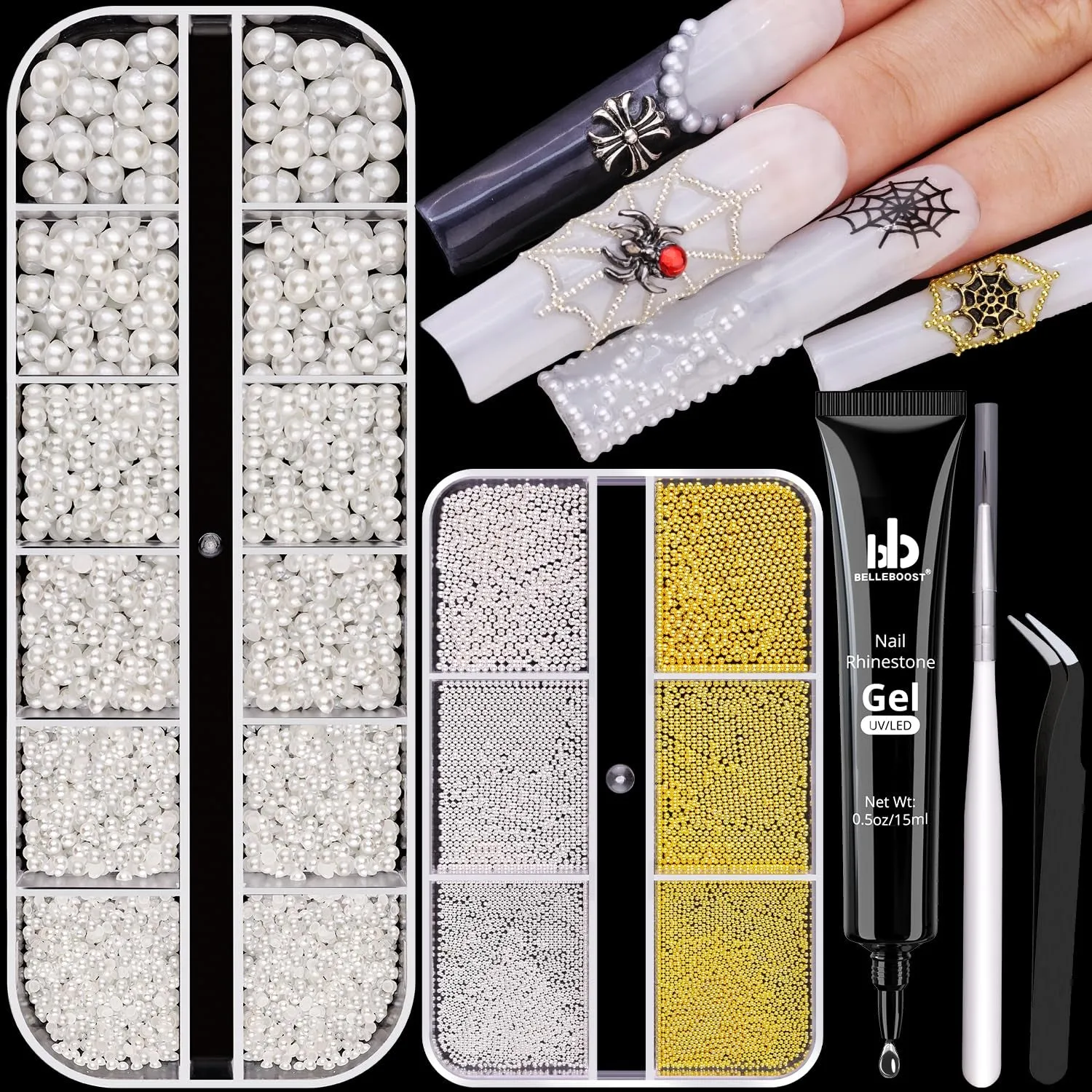 2 Boxes Flatback Pearls (White Beige) and Metal Nail Beads (Silver Gold) for Nail Art, Luxurious Pearl Nail Charms and Small round Caviar Beads Nail Accessories for Acrylic Nail Tips Manicure Decor