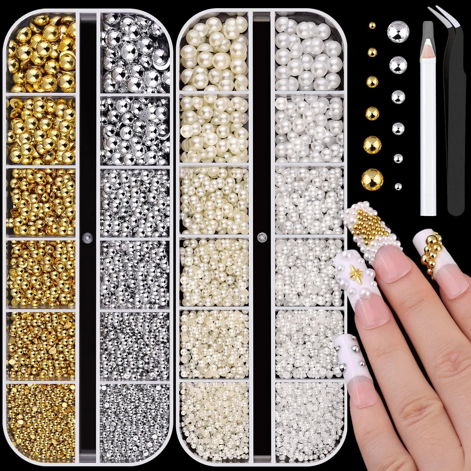 2 Boxes Flatback Pearls (White Beige) and Metal Nail Beads (Silver Gold) for Nail Art, Luxurious Pearl Nail Charms and Small round Caviar Beads Nail Accessories for Acrylic Nail Tips Manicure Decor