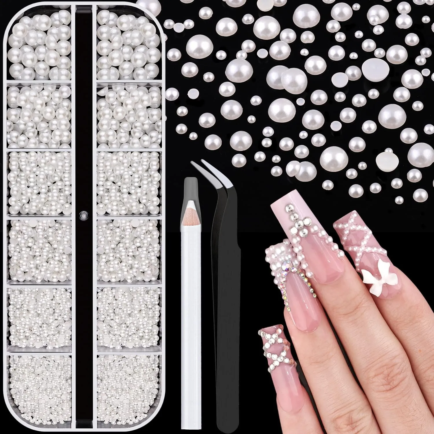 2 Boxes Flatback Pearls (White Beige) and Metal Nail Beads (Silver Gold) for Nail Art, Luxurious Pearl Nail Charms and Small round Caviar Beads Nail Accessories for Acrylic Nail Tips Manicure Decor