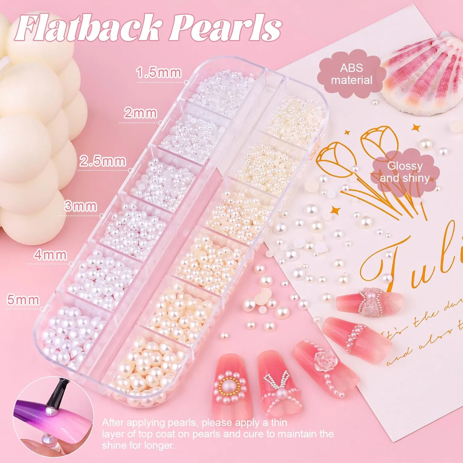 2 Boxes Flatback Pearls (White Beige) and Metal Nail Beads (Silver Gold) for Nail Art, Luxurious Pearl Nail Charms and Small round Caviar Beads Nail Accessories for Acrylic Nail Tips Manicure Decor