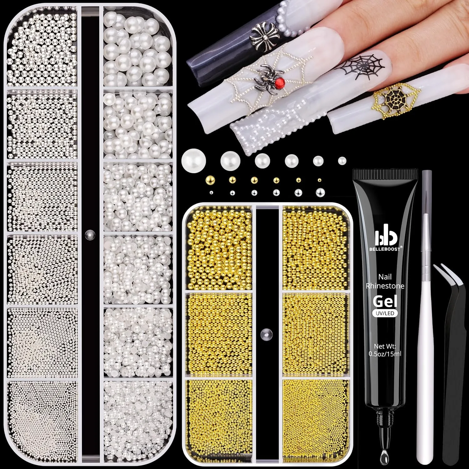 2 Boxes Flatback Pearls (White Beige) and Metal Nail Beads (Silver Gold) for Nail Art, Luxurious Pearl Nail Charms and Small round Caviar Beads Nail Accessories for Acrylic Nail Tips Manicure Decor