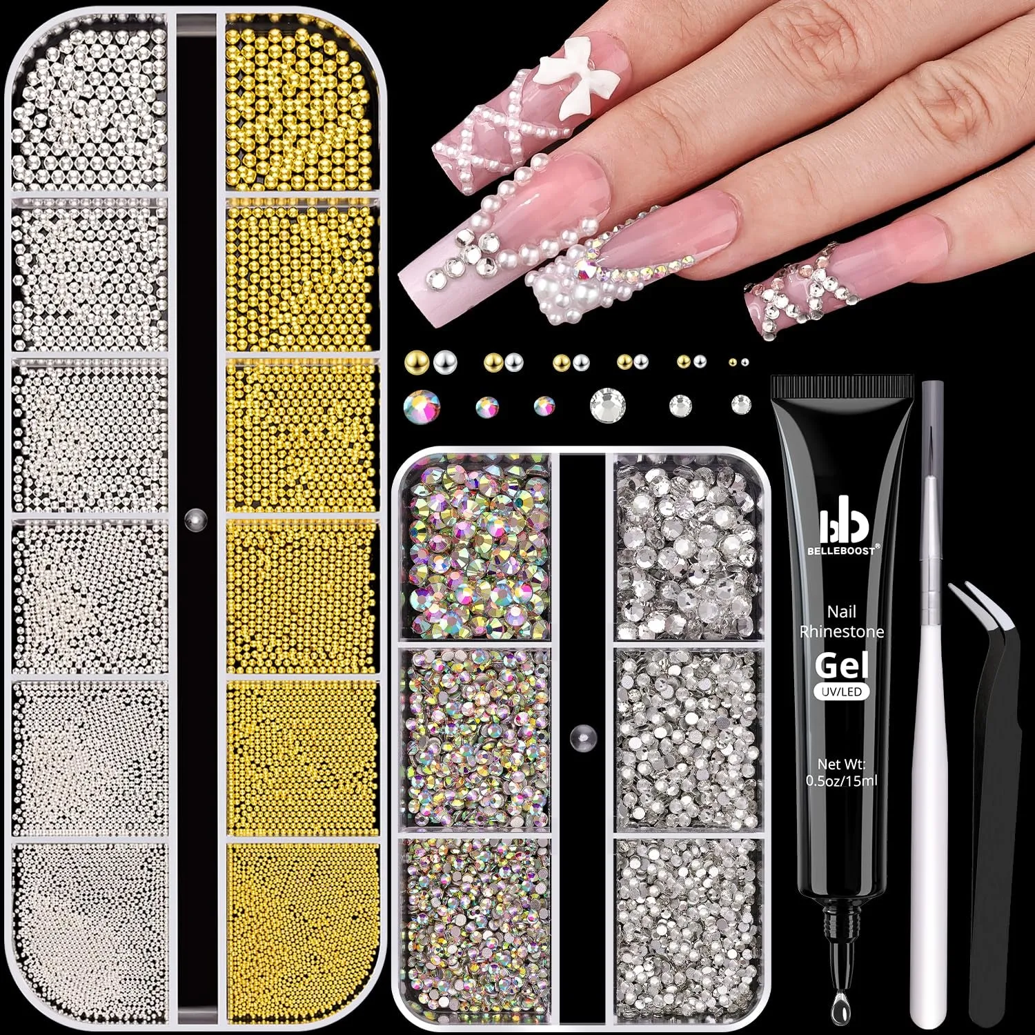 2 Boxes Flatback Pearls (White Beige) and Metal Nail Beads (Silver Gold) for Nail Art, Luxurious Pearl Nail Charms and Small round Caviar Beads Nail Accessories for Acrylic Nail Tips Manicure Decor