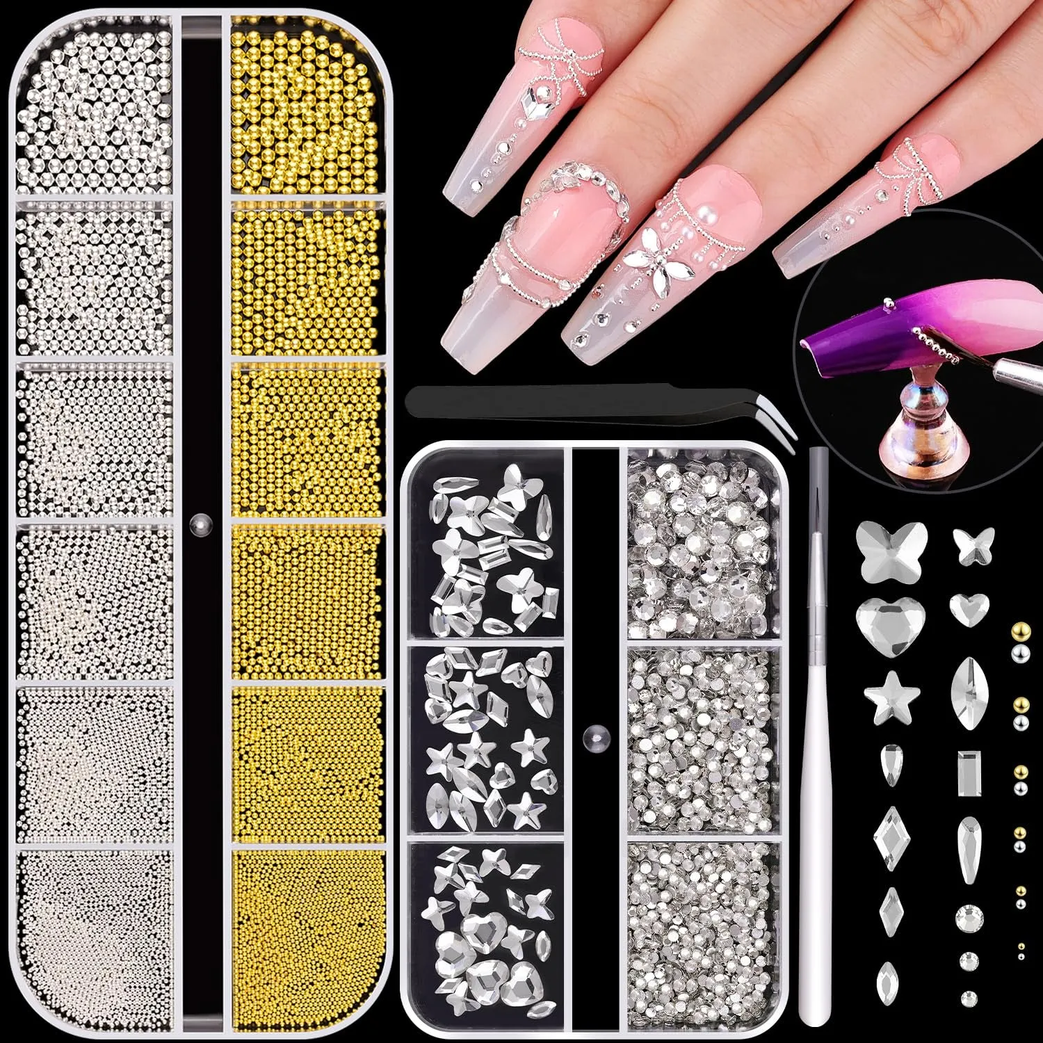 2 Boxes Flatback Pearls (White Beige) and Metal Nail Beads (Silver Gold) for Nail Art, Luxurious Pearl Nail Charms and Small round Caviar Beads Nail Accessories for Acrylic Nail Tips Manicure Decor