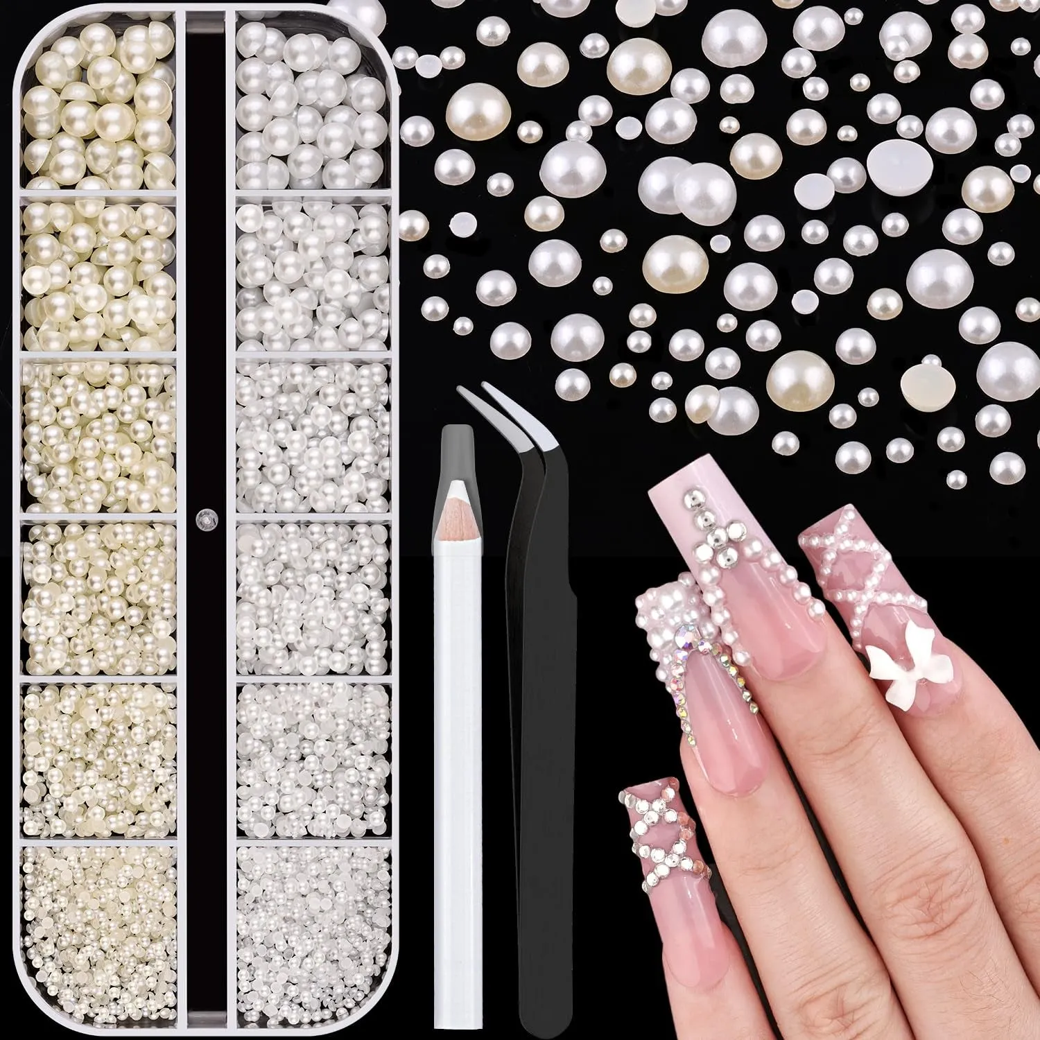 2 Boxes Flatback Pearls (White Beige) and Metal Nail Beads (Silver Gold) for Nail Art, Luxurious Pearl Nail Charms and Small round Caviar Beads Nail Accessories for Acrylic Nail Tips Manicure Decor