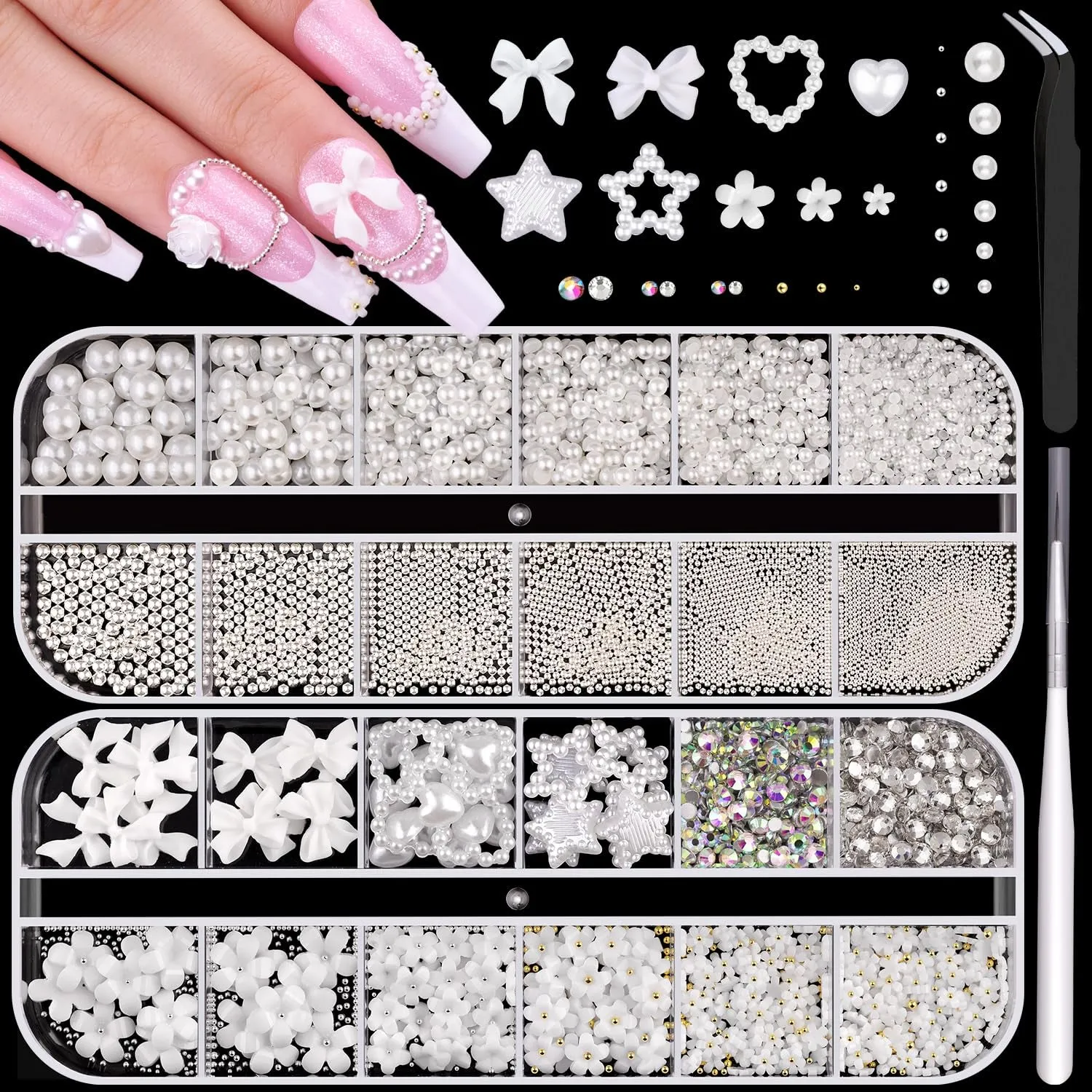2 Boxes Flatback Pearls (White Beige) and Metal Nail Beads (Silver Gold) for Nail Art, Luxurious Pearl Nail Charms and Small round Caviar Beads Nail Accessories for Acrylic Nail Tips Manicure Decor