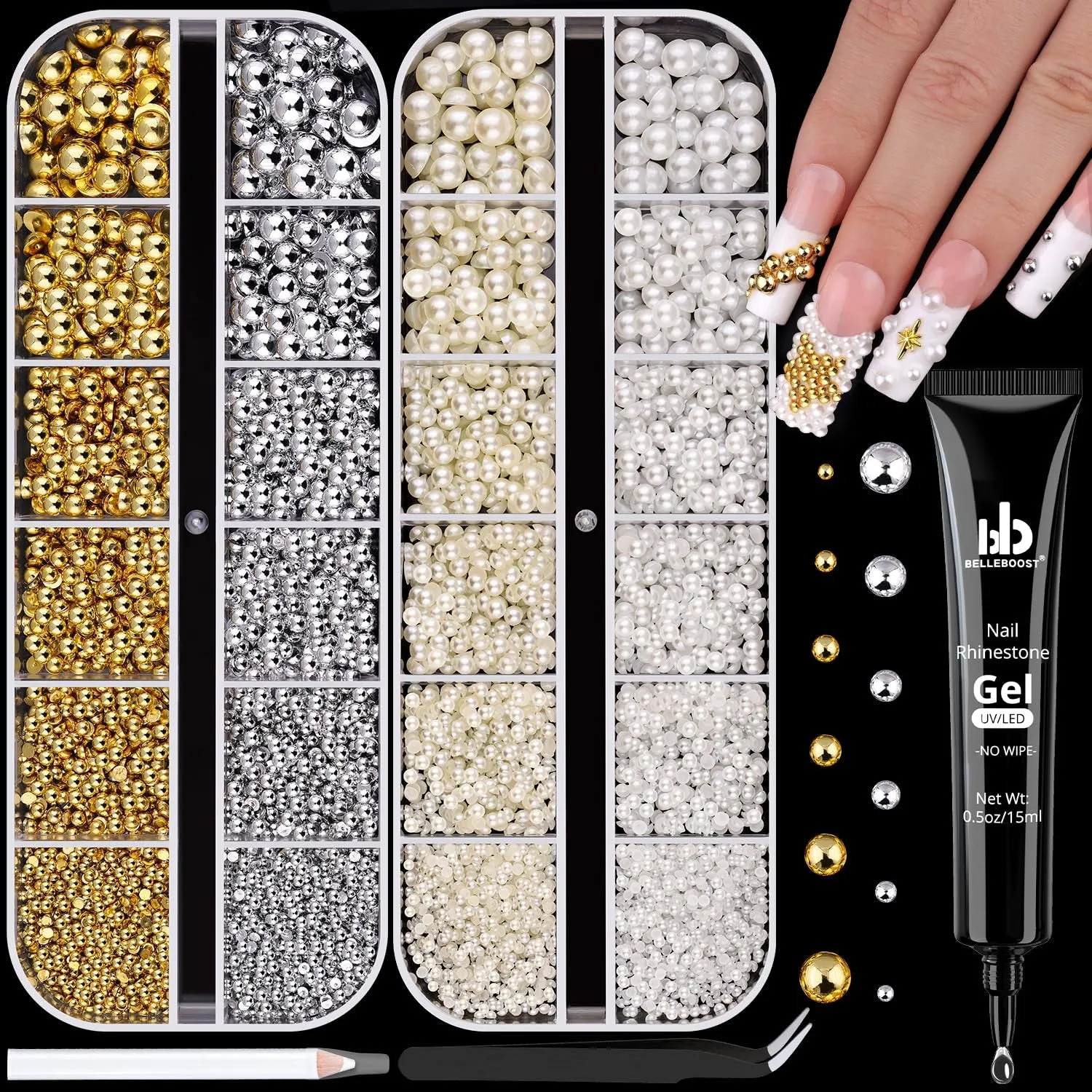 2 Boxes Flatback Pearls (White Beige) and Metal Nail Beads (Silver Gold) for Nail Art, Luxurious Pearl Nail Charms and Small round Caviar Beads Nail Accessories for Acrylic Nail Tips Manicure Decor