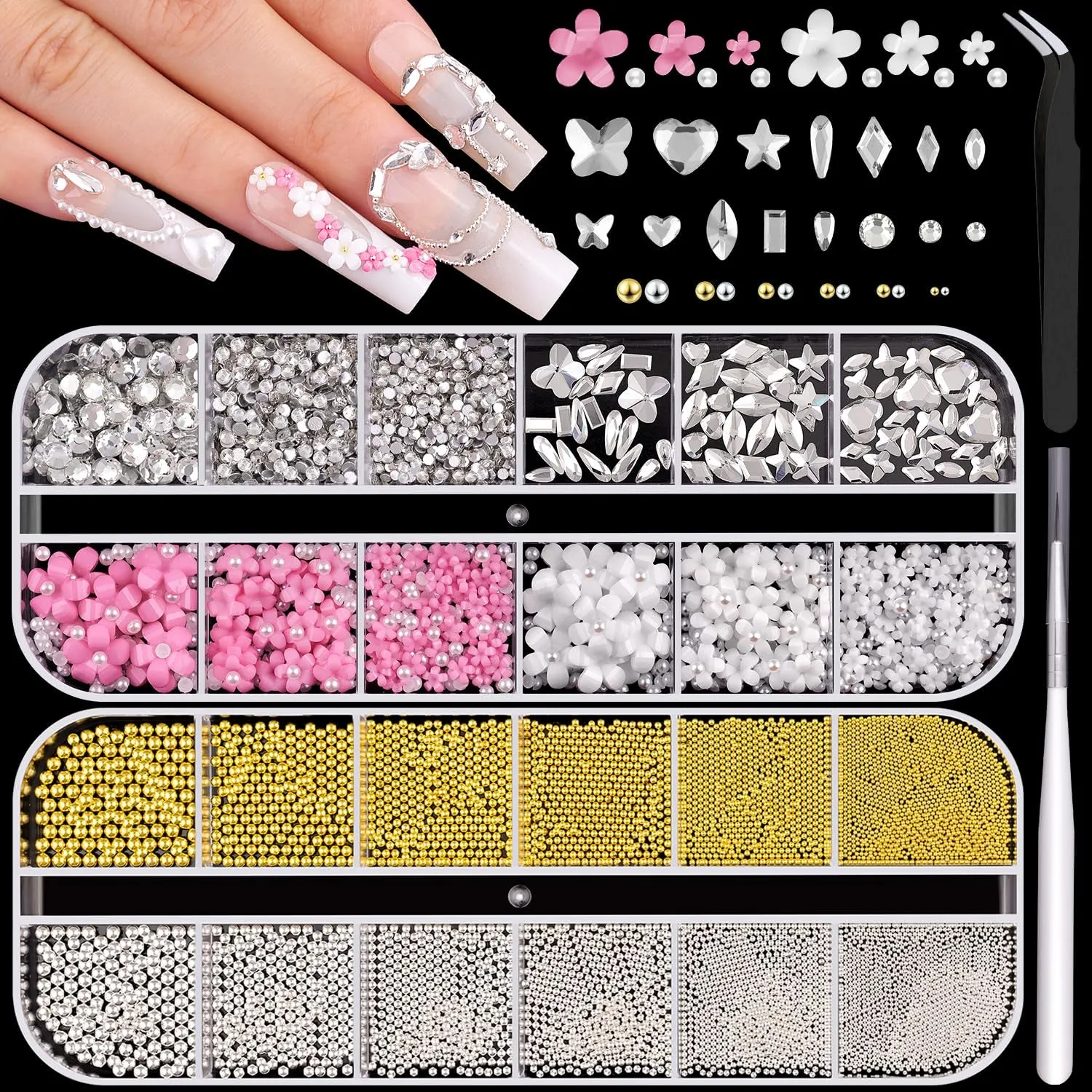 2 Boxes Flatback Pearls (White Beige) and Metal Nail Beads (Silver Gold) for Nail Art, Luxurious Pearl Nail Charms and Small round Caviar Beads Nail Accessories for Acrylic Nail Tips Manicure Decor