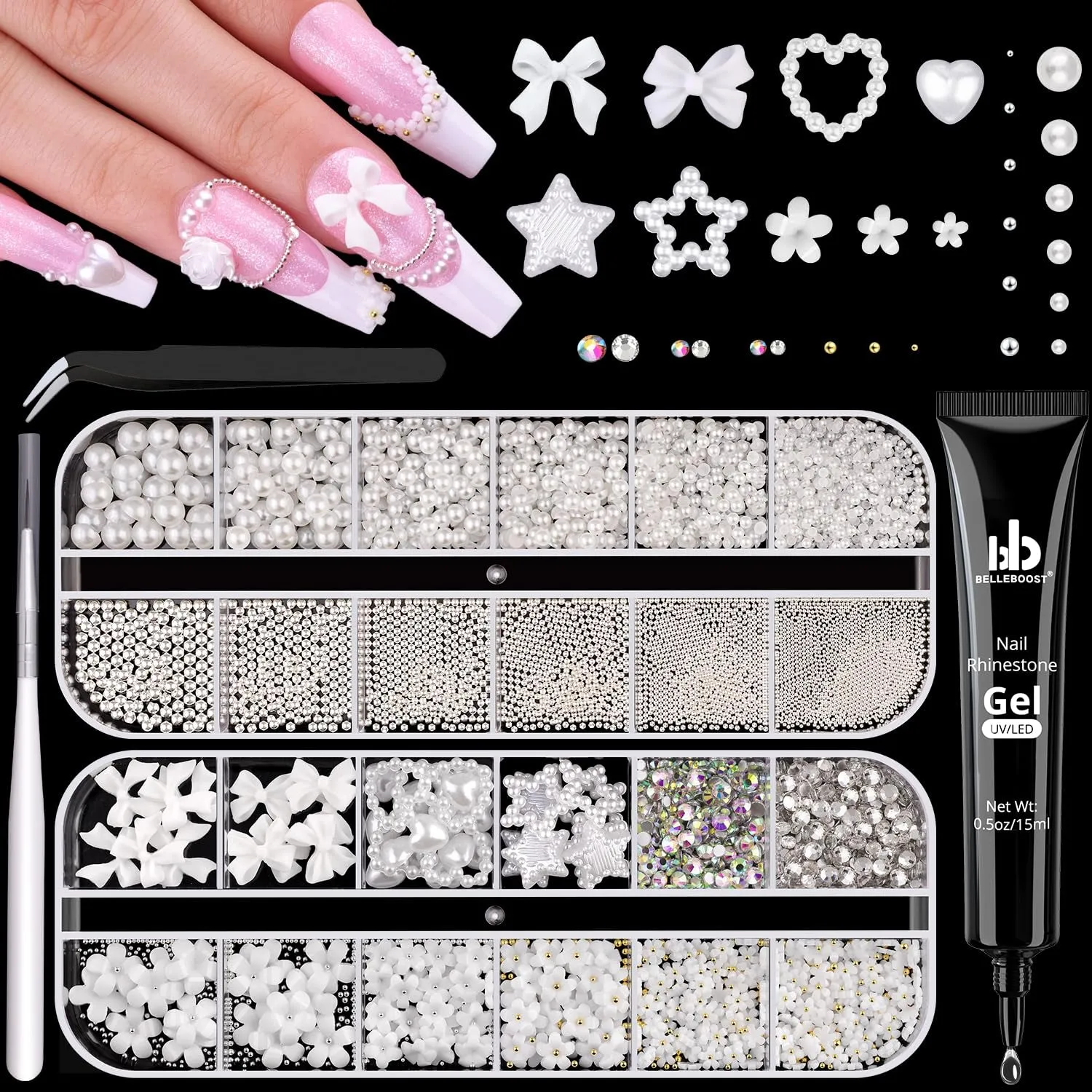 2 Boxes Flatback Pearls (White Beige) and Metal Nail Beads (Silver Gold) for Nail Art, Luxurious Pearl Nail Charms and Small round Caviar Beads Nail Accessories for Acrylic Nail Tips Manicure Decor