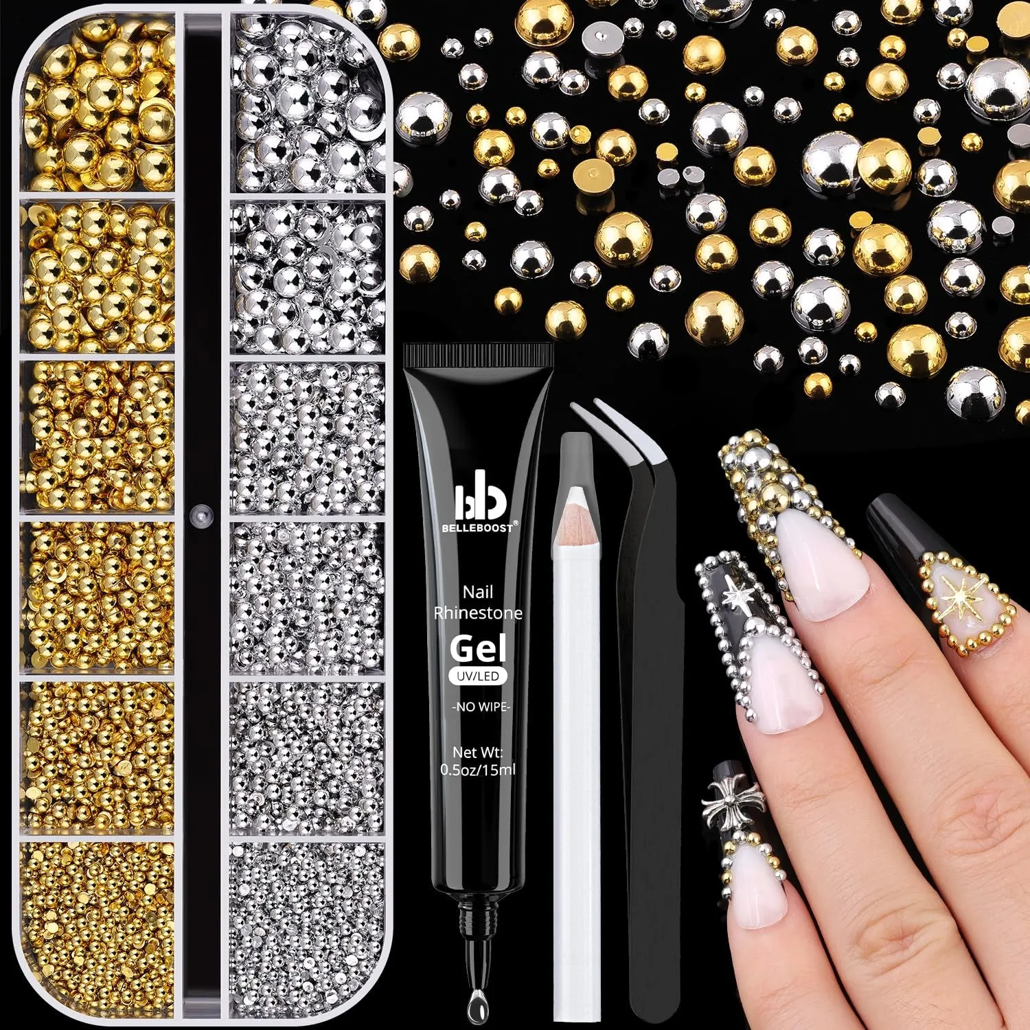 2 Boxes Flatback Pearls (White Beige) and Metal Nail Beads (Silver Gold) for Nail Art, Luxurious Pearl Nail Charms and Small round Caviar Beads Nail Accessories for Acrylic Nail Tips Manicure Decor