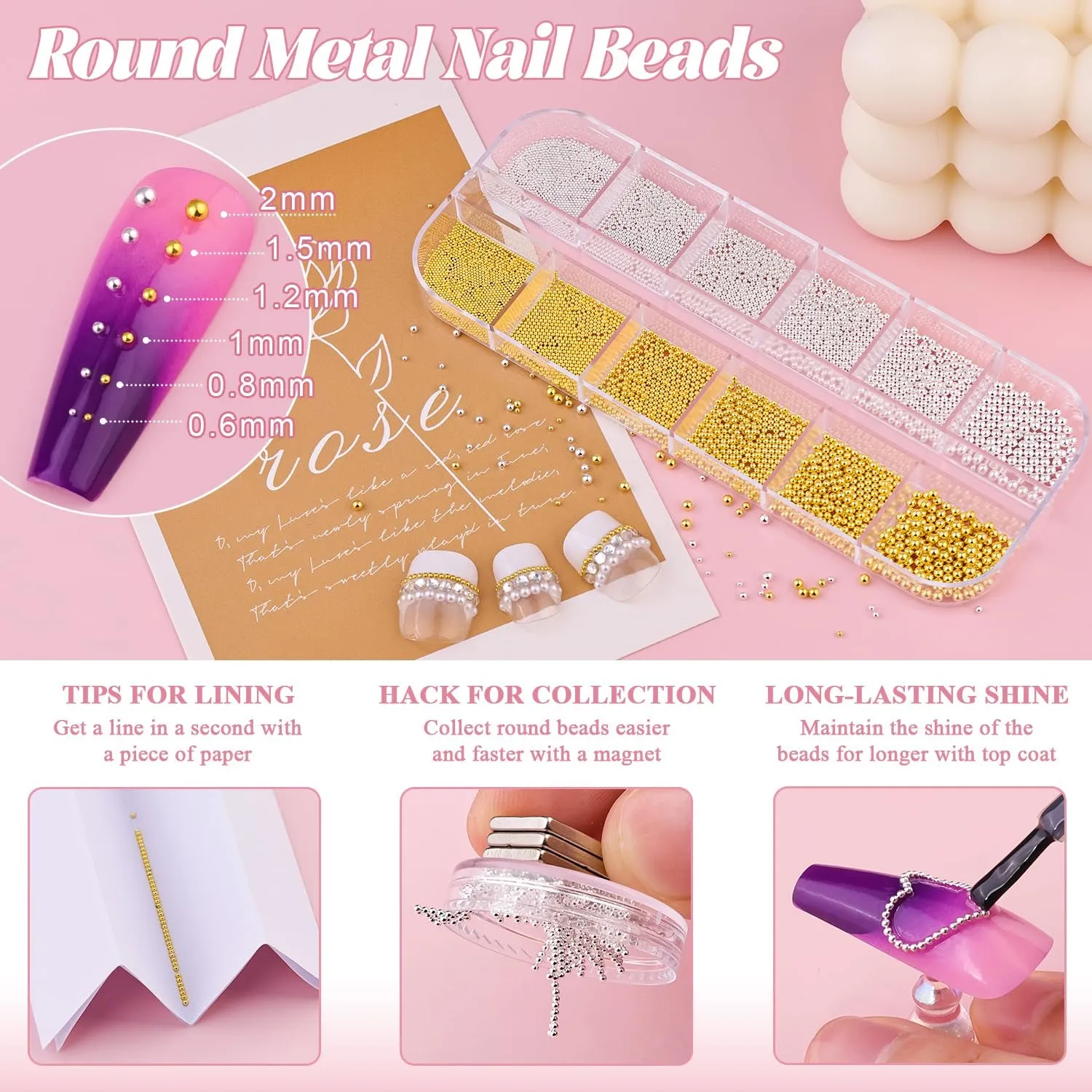 2 Boxes Flatback Pearls (White Beige) and Metal Nail Beads (Silver Gold) for Nail Art, Luxurious Pearl Nail Charms and Small round Caviar Beads Nail Accessories for Acrylic Nail Tips Manicure Decor