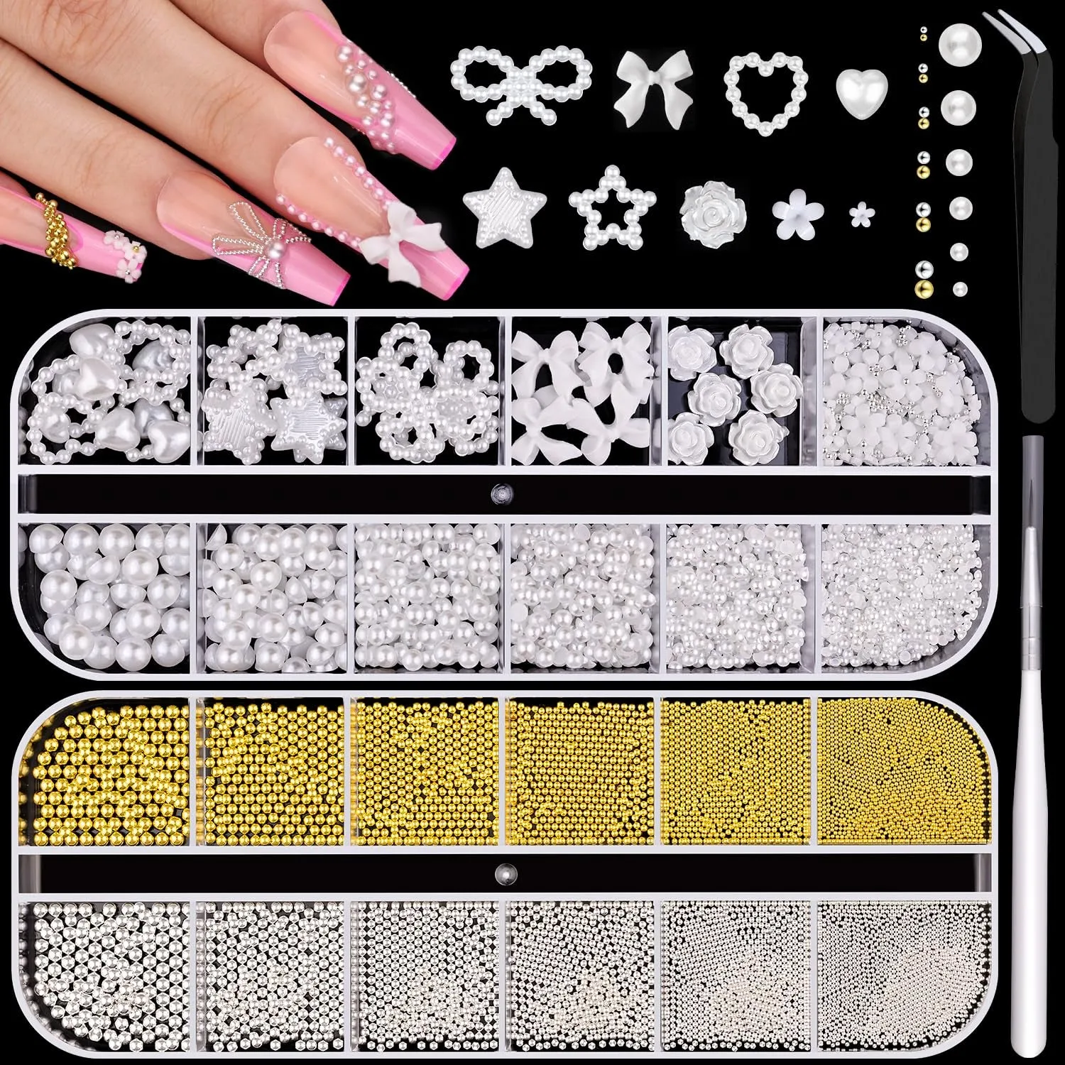 2 Boxes Flatback Pearls (White Beige) and Metal Nail Beads (Silver Gold) for Nail Art, Luxurious Pearl Nail Charms and Small round Caviar Beads Nail Accessories for Acrylic Nail Tips Manicure Decor