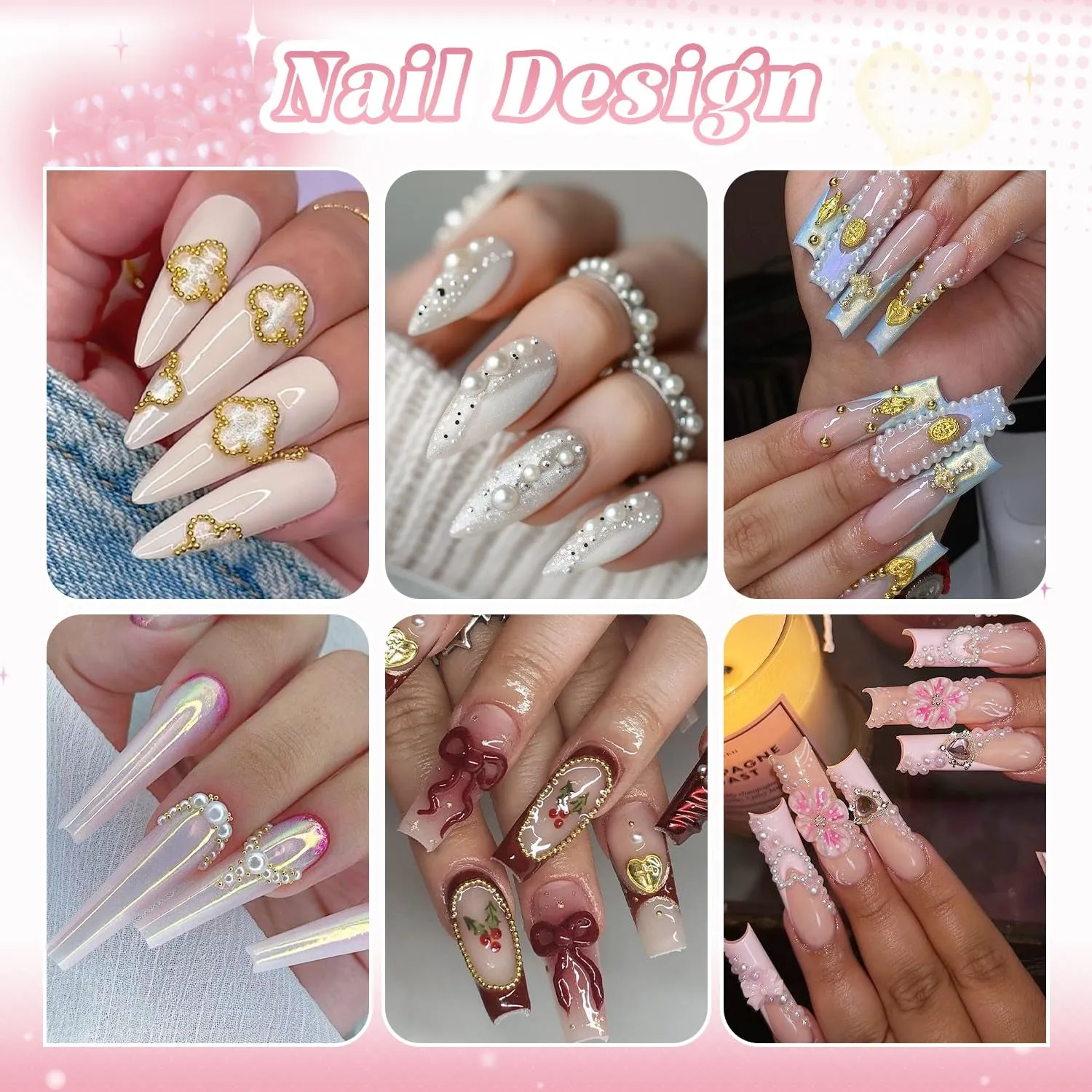2 Boxes Flatback Pearls (White Beige) and Metal Nail Beads (Silver Gold) for Nail Art, Luxurious Pearl Nail Charms and Small round Caviar Beads Nail Accessories for Acrylic Nail Tips Manicure Decor