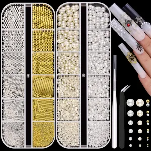 2 Boxes Flatback Pearls (White Beige) and Metal Nail Beads (Silver Gold) for Nail Art, Luxurious Pearl Nail Charms and Small round Caviar Beads Nail Accessories for Acrylic Nail Tips Manicure Decor