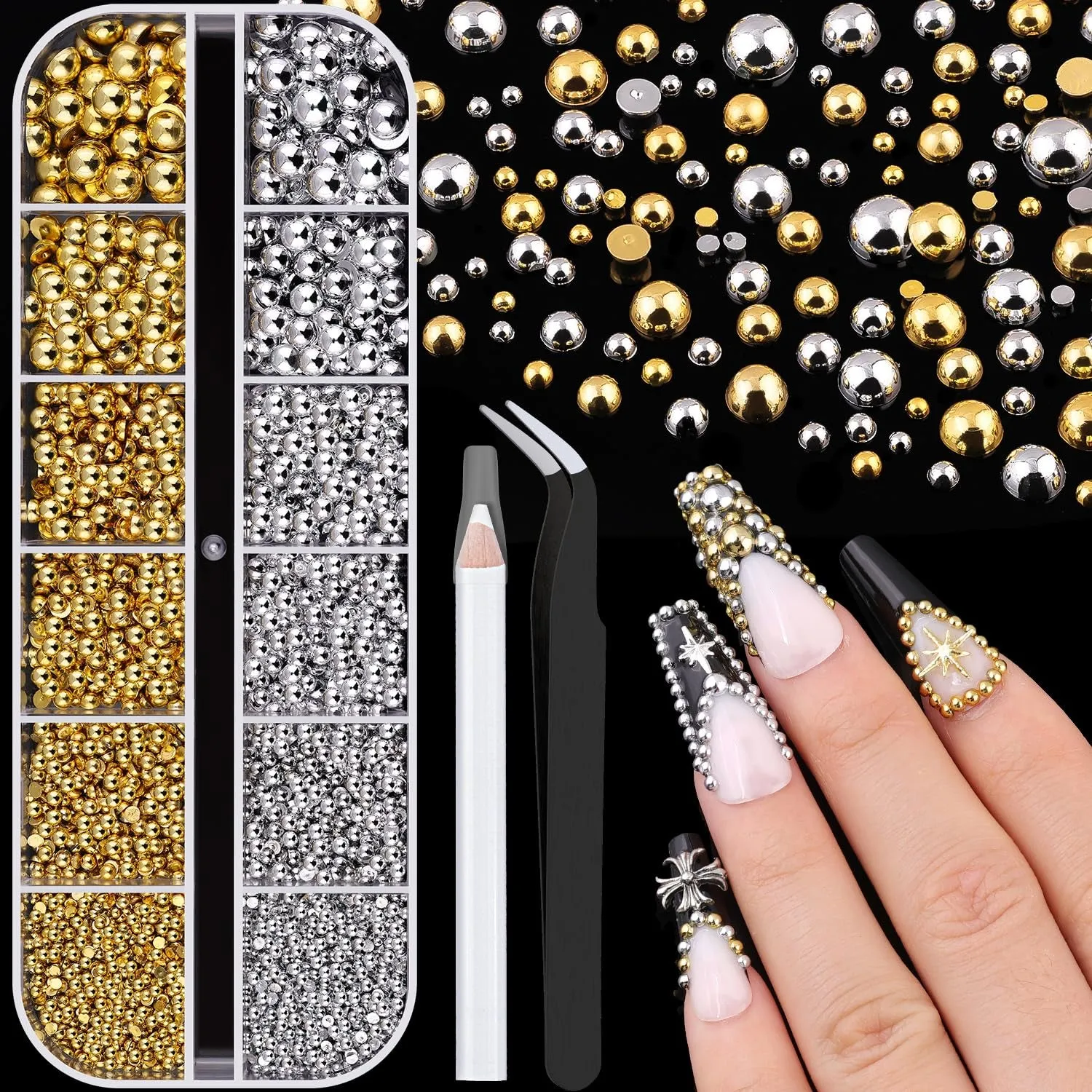 2 Boxes Flatback Pearls (White Beige) and Metal Nail Beads (Silver Gold) for Nail Art, Luxurious Pearl Nail Charms and Small round Caviar Beads Nail Accessories for Acrylic Nail Tips Manicure Decor