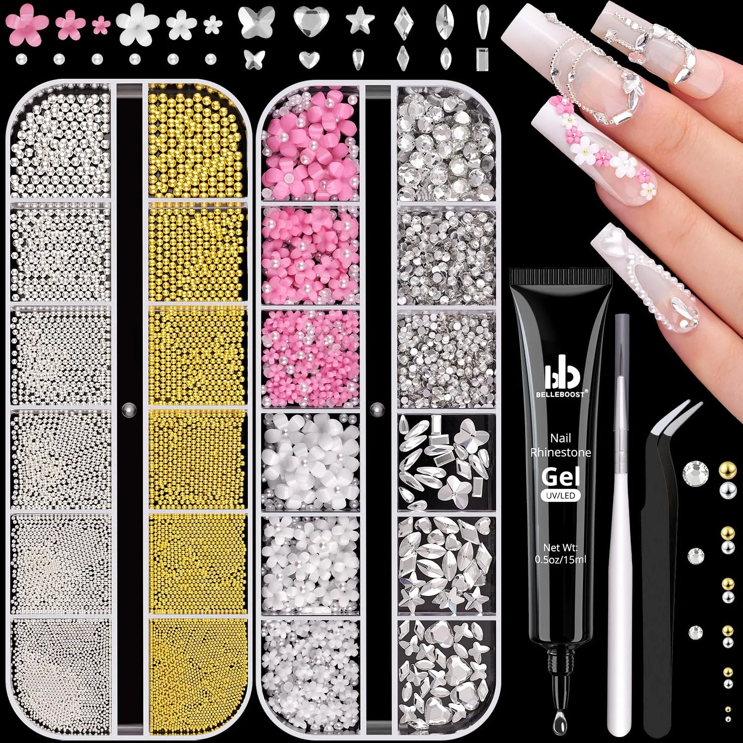 2 Boxes Flatback Pearls (White Beige) and Metal Nail Beads (Silver Gold) for Nail Art, Luxurious Pearl Nail Charms and Small round Caviar Beads Nail Accessories for Acrylic Nail Tips Manicure Decor
