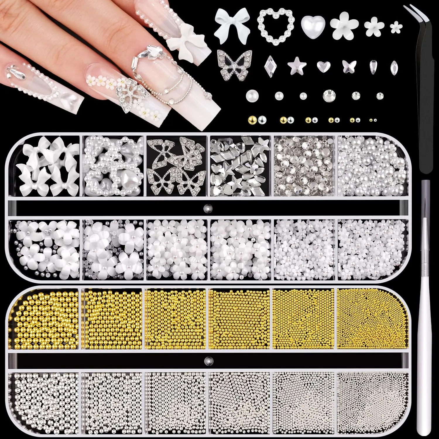 2 Boxes Flatback Pearls (White Beige) and Metal Nail Beads (Silver Gold) for Nail Art, Luxurious Pearl Nail Charms and Small round Caviar Beads Nail Accessories for Acrylic Nail Tips Manicure Decor