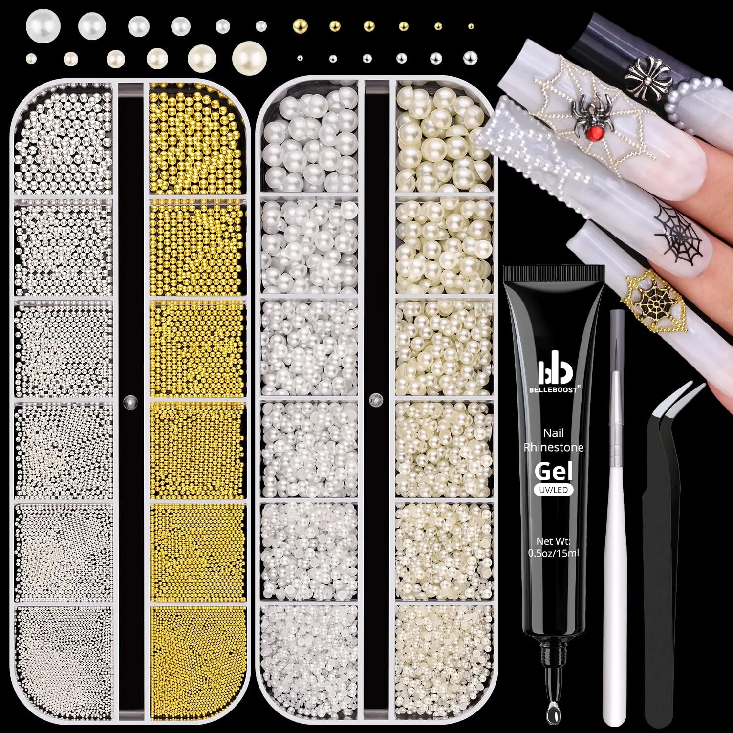 2 Boxes Flatback Pearls (White Beige) and Metal Nail Beads (Silver Gold) for Nail Art, Luxurious Pearl Nail Charms and Small round Caviar Beads Nail Accessories for Acrylic Nail Tips Manicure Decor