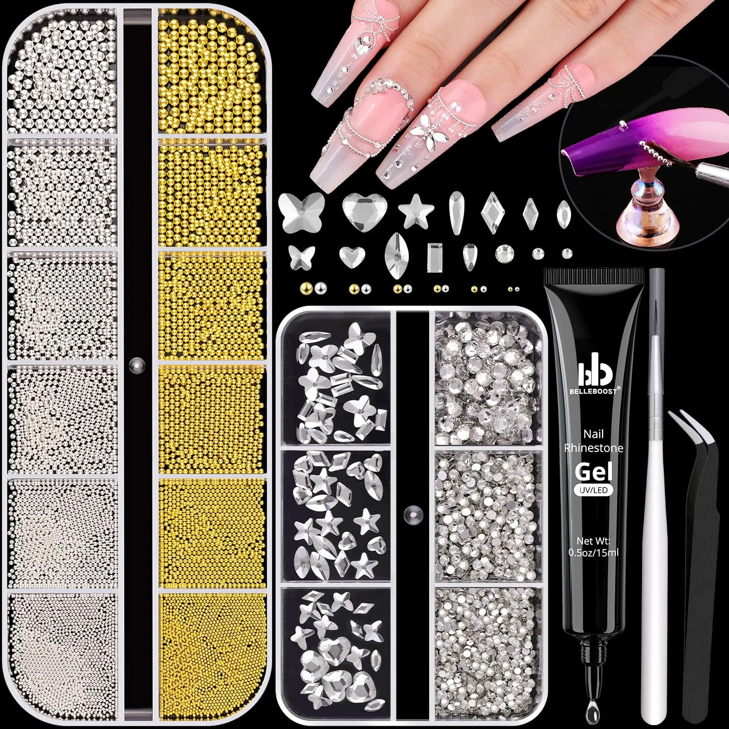 2 Boxes Flatback Pearls (White Beige) and Metal Nail Beads (Silver Gold) for Nail Art, Luxurious Pearl Nail Charms and Small round Caviar Beads Nail Accessories for Acrylic Nail Tips Manicure Decor