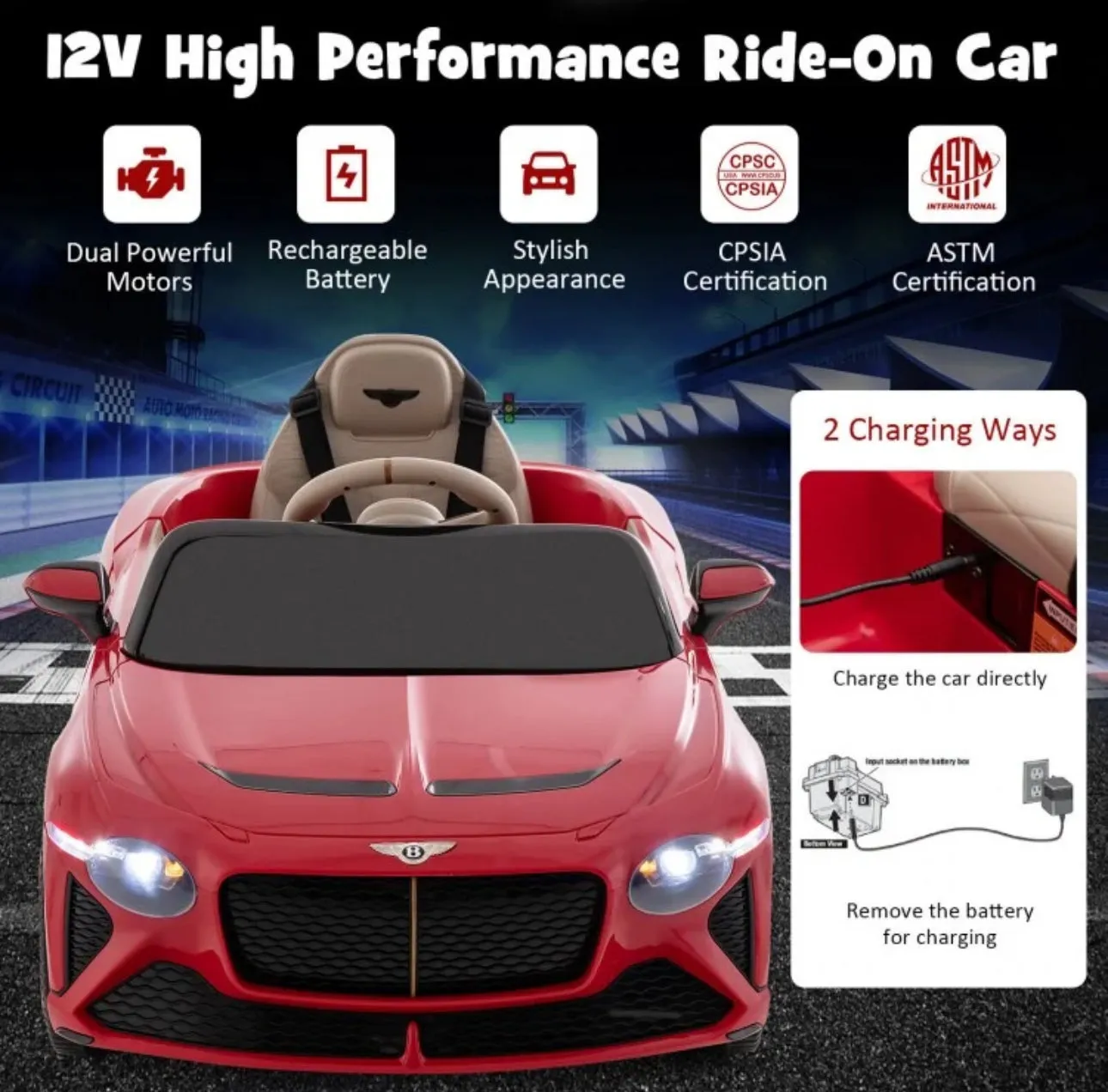 2025 Licensed 12V Bentley Bacalar Ride On Car 1 Seater Upgraded | Seatbelt | Push To Start Button | Music | Lights | Remote